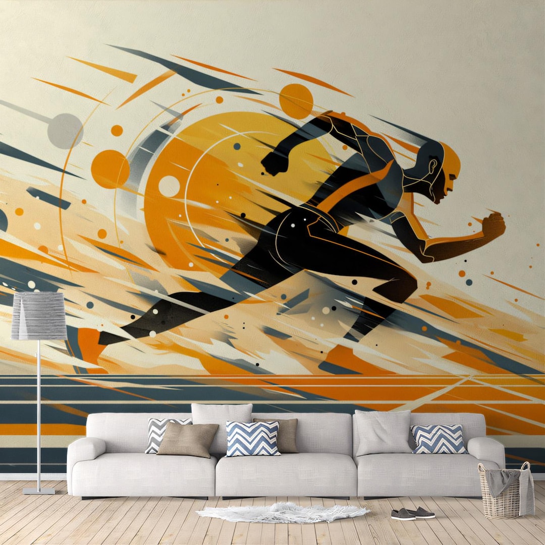 Abstract Runner Mural Wallpaper in Living Room | Orange, Black, and ...