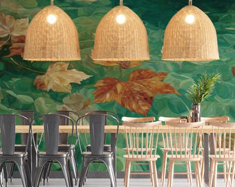 Drijvende herfstesdoornbladeren in kristalhelder watermuurschildering | Natuurbehang Zen Rivier | VIVAWALLS