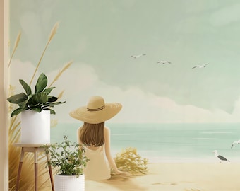 Coastal Daisy Dream Mural - Serene Seaside Summer Decor | VIVAWALLS