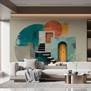 May include: Abstract wall art featuring a geometric design with teal, orange, and yellow shapes. The artwork depicts architectural elements like doors and stairs. A modern living room with a white sofa and a patterned rug is in the foreground.