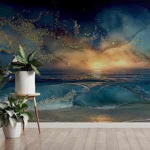 May include: An abstract ocean scene with a vibrant sunset. The artwork features a dynamic wave in shades of teal and blue, with golden accents in the sky. Two potted plants sit in front of the artwork, adding a touch of nature to the scene.