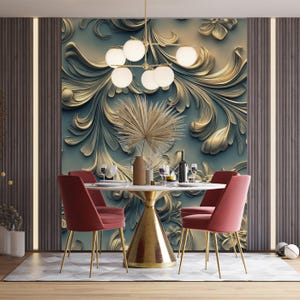 Carta da parati barocca vintage – murale floreale in oro in rilievo su sfondo verde acqua / decorazione murale personalizzata ed elegante ispirata al palazzo