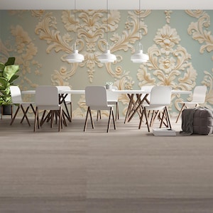 Carta da parati barocca 3D – Elegante murale damascato dorato su sfondo blu tenue / Decorazione murale classica di lusso / Dimensioni personalizzate