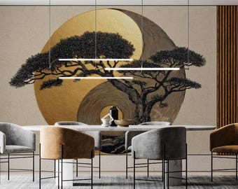 Mural Zen Golden Yin-Yang Bonsai - tradycyjna dekoracja orientalna | VIVAWALLS