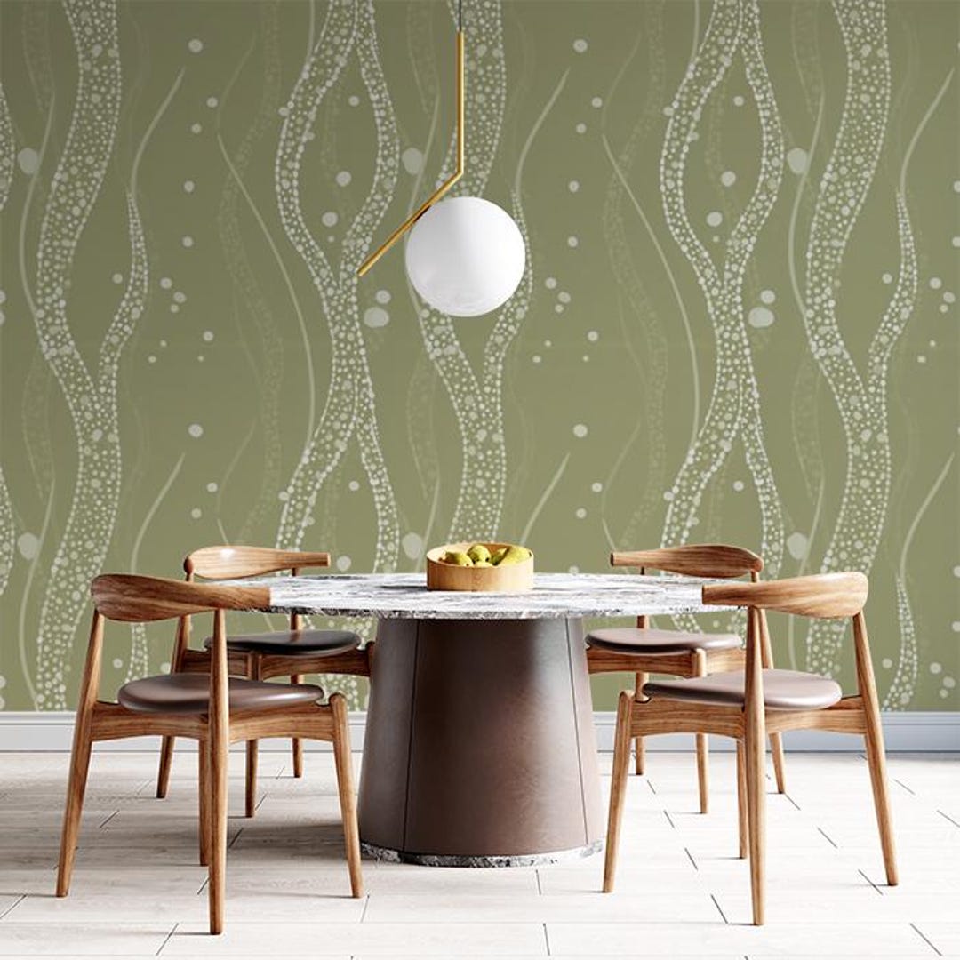 Abstract Flowing Vines Mural Wallpaper | Olive Green Dot Pattern ...