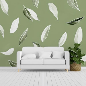 Sage Green Leaf Wallpaper, Floating Botanical Wall Mural, Minimalist Nature Peel and Stick, Modern Leaf Wall Art, Custom Removable Decor