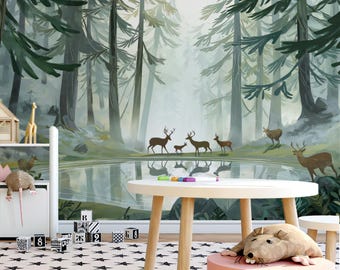 Misty Morning Deer Forest Mural - Ethereal Woodland Lake Decor | VIVAWALLS