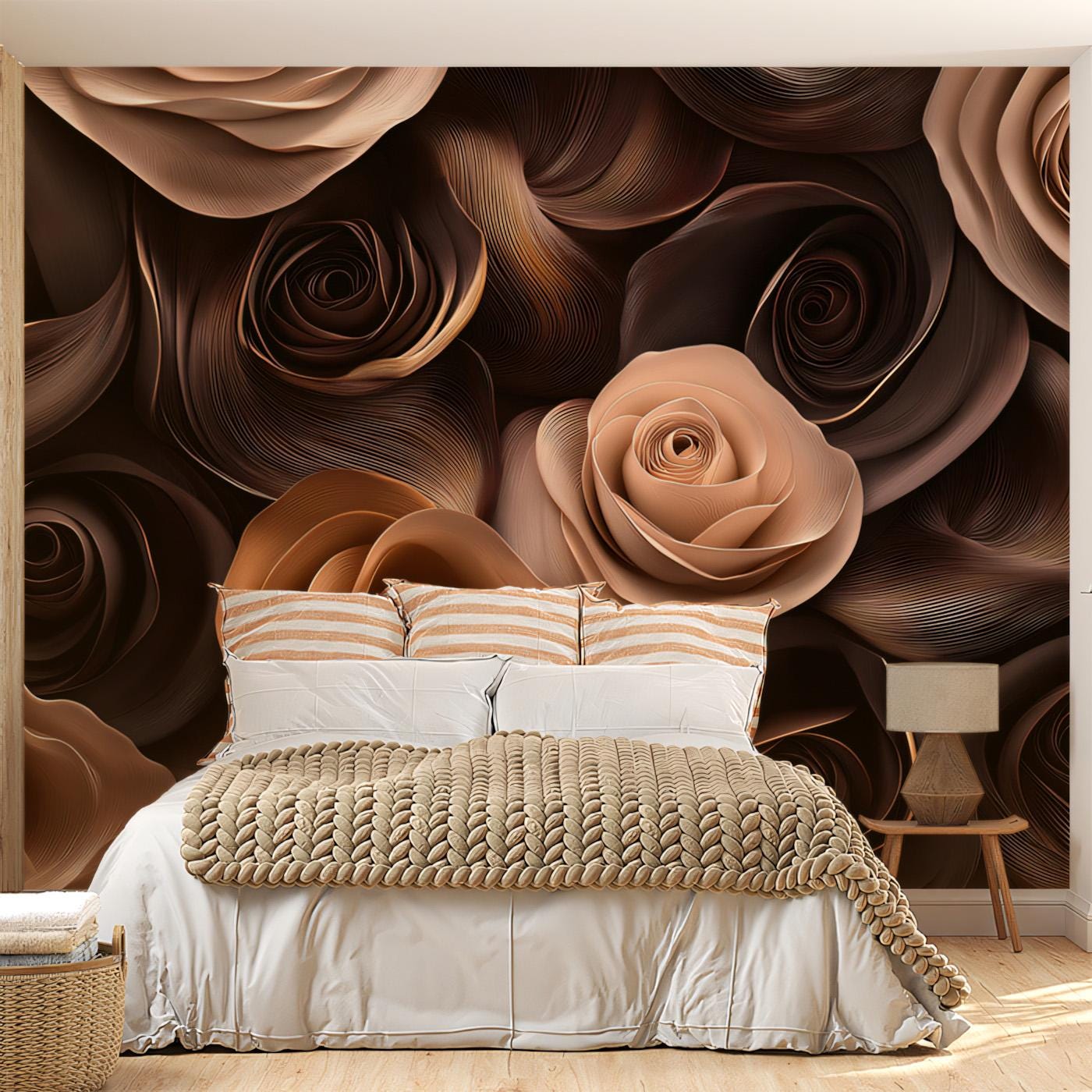 Luxury Brown Rose Mural Wallpaper, Abstract Floral Wall Decor in Chocolate and Bronze, Elegant Botanical Art for Bedroom or Living Room