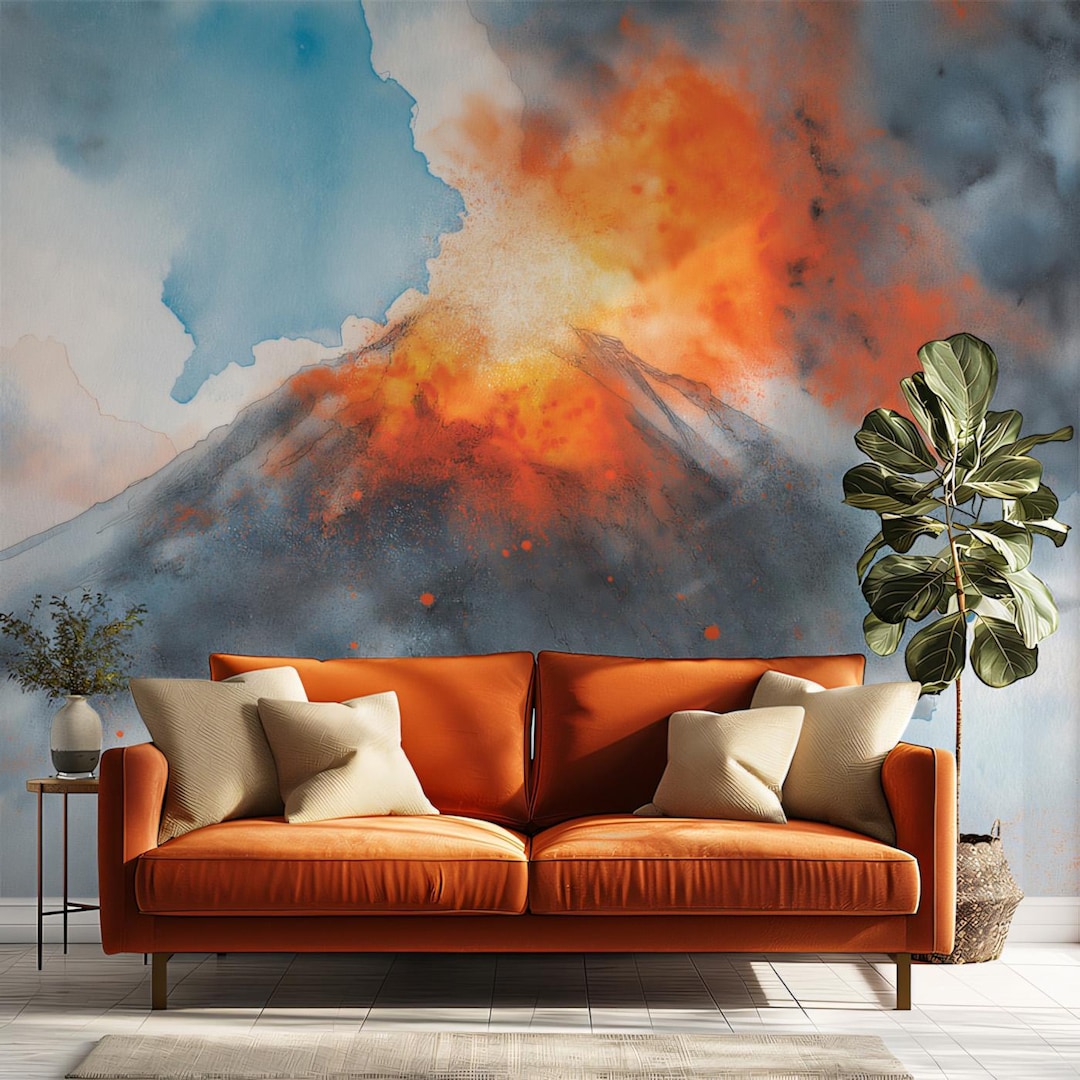 Watercolor Volcano Eruption Mural - Abstract Nature Art Wall Decor ...