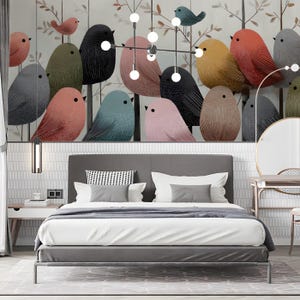 Whimsical Flock Mural Wallpaper with Textured Bird Illustrations