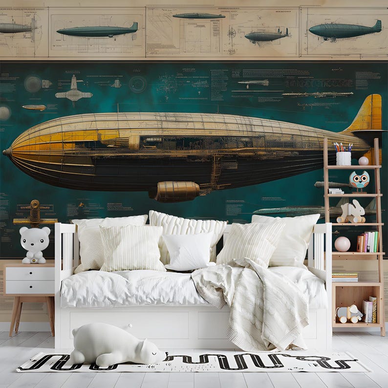 Airship Blueprint Mural Wallpaper | Various Colors (green, Yellow, Etc ...