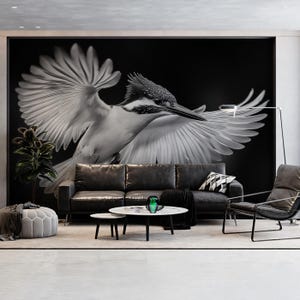 Carta da parati murale con martin pescatore in bianco e nero, carta da parati con uccelli in volo, decorazioni naturali monocromatiche, arte minimalista con animali, elegante decorazione murale con animali selvatici