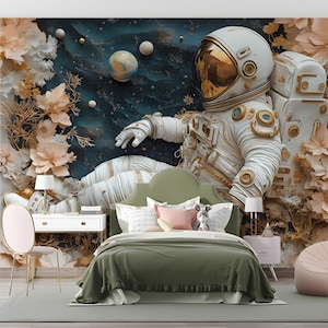 Carta da parati murale con astronauti e fiori in camera da letto / Vari colori (beige, oro, ecc.) di astronauti e fiori | Vivawalls
