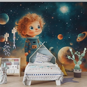 Carta da parati con bambino astronauta nello spazio per la cameretta dei bambini / Vari colori (blu, arancione, ecc.) di bambino astronauta｜Vivawalls
