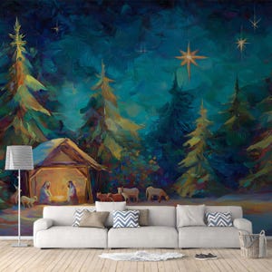 May include: An oil painting depicting a nativity scene in a forest setting. The artwork features a stable with figures, animals, and a bright star in the night sky. The color palette includes blues, greens, and warm yellows.