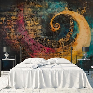 May include: A bedroom with a large, abstract mural featuring a spiral design in shades of yellow, pink, and blue. The bed has a white duvet and pillows. Two black lamps sit on bedside tables.