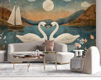 Romantic Swans : Lake & Moon Bedroom Decor - Vivawalls Wallpaper Mural | Peel and Stick | Landscape Wallpaper | Removable Wall Decor