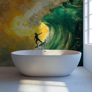 May include: A white oval bathtub with a speckled rim. A mural of a surfer riding a wave is behind the tub. The wave is green and gold, and the surfer is a silhouette.