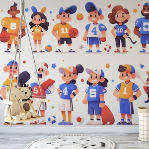 Cartoon Sports Players Mural Wallpaper in Playroom | Various Colors (Orange, Blue, Yellow, etc.) of Sports Players｜Vivawalls