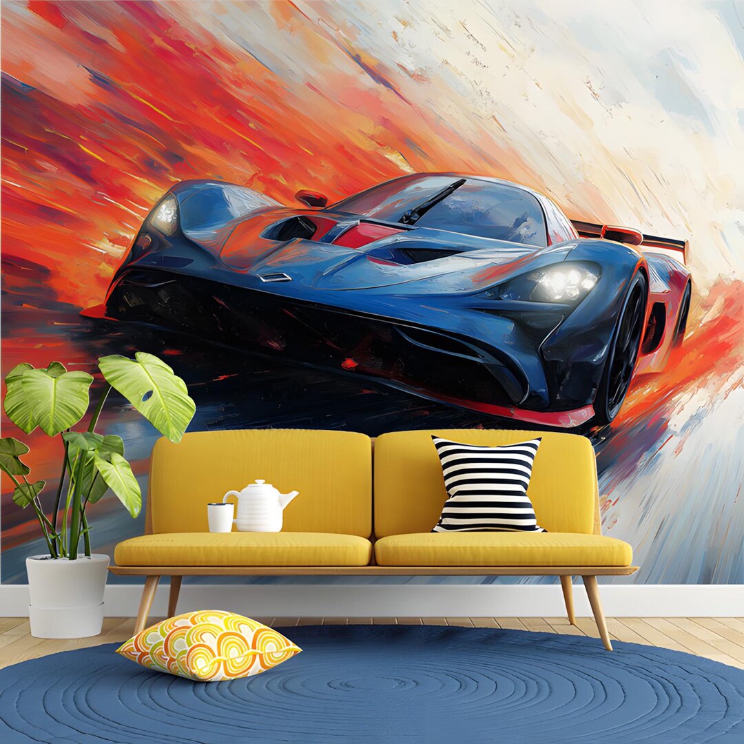 Racing Car Mural Wallpaper | Modern Playroom Decor - Etsy