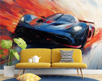 Puede incluir: Pintura de un coche deportivo azul y rojo en una pared. El coche va a toda velocidad, con un fondo borroso rojo y naranja. Un sofá amarillo con un cojín a rayas blancas y negras está frente a la pared.