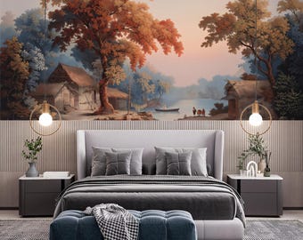 Murale del sereno villaggio sulle rive del fiume - Pittura paesaggistica classica / VIVAWALLS