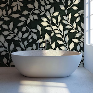Cream Leaf Wallpaper, Botanical Wall Mural in Dark Green, Minimalist Plant-Inspired Peel and Stick Wallpaper for Modern Interiors