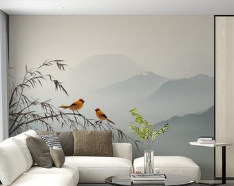 Mural de pared con paisaje zen / Autoadhesivo / Pájaros orientales minimalistas y montañas brumosas / Decoración de pared removible