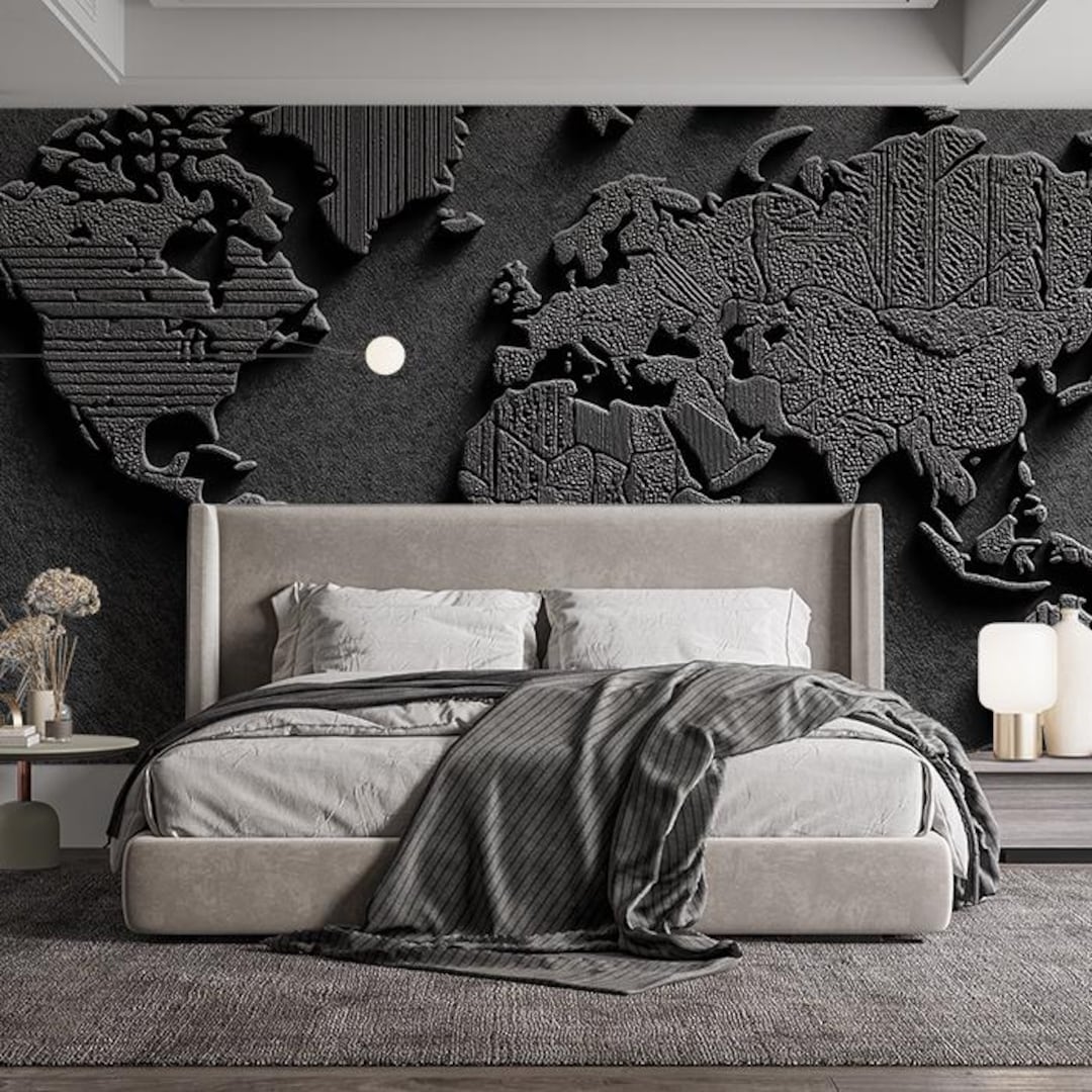 Textured Relief World Map Mural Wallpaper | Dark Monochrome, Geometric ...