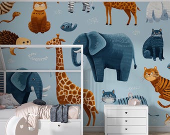 Mural de papel pintado con detallado estampado de animales de safari azules / Autoadhesivo / Intrincada ilustración de vida salvaje / Decoración de pared removible