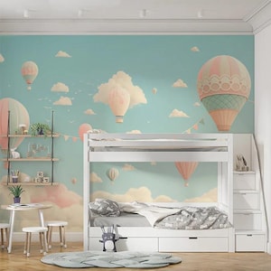 Hot Air Balloon Wall Mural – Pastel Sky and Clouds Wallpaper for Kids Room or Nursery | Whimsical Dreamy Peel & Stick | Custom Size