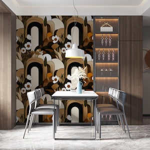 Carta da parati floreale ad arco retrò, murale botanico moderno marrone caldo con archi astratti e margherite, decorazione murale vintage staccabile e attaccabile