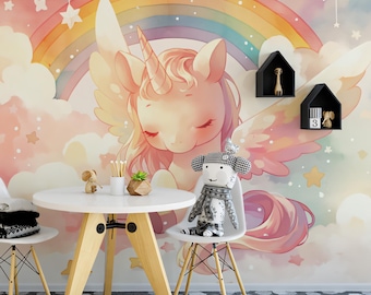 Unicorn Rainbow : Pastel Nursery Decor Wallpaper Mural | Peel and Stick | Kids Room Decor | Removable Wall Decor