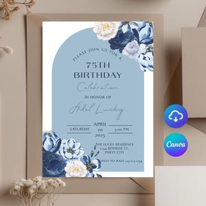 75ème anniversaire floral bleu de Zazzle.be Liste d'envies Vous avez des idées ? Modèle modifiable | Invitation d'anniversaire florale imprimable pour femme | Fête des 75 ans pour tous les âges