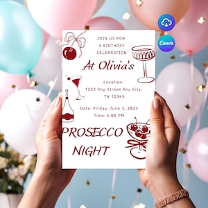 Bewerkbare uitnodiging verjaardagsviering prosecco nacht meisjes diner afdrukbare 5 x 7 eigenzinnige doodle grillige aanpasbare digitale download