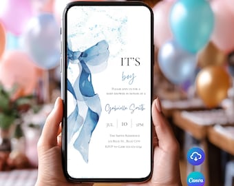 May include: A smartphone displays a baby shower invitation with the text "IT'S boy." The invitation features a blue watercolor bow design and event details. The phone is held in front of a background of pastel balloons.