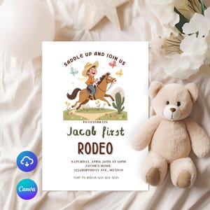 FIRST RODEO Invitation Template, Printable Wild West Birthday Invite, Boy Cowboy Birthday Invitation, Editable My 1st Rodeo Invitation