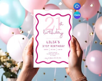 Pinke gewellte Geburtstagseinladung: Moderne druckbare Vorlage (Digitaler Download, bearbeitbar in Canva)