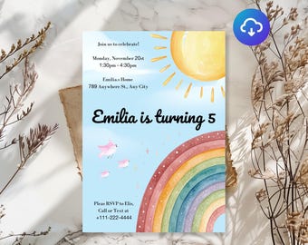 Watercolor Rainbow Birthday Invitation Template: Editable Canva E-Invite (Digital)