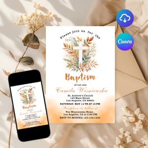 May include: A digital invitation for a baptism with a watercolor illustration of a cross surrounded by fall leaves. The invitation is for Camila Wisniewska's baptism at St. Andrew's Church on Saturday, May 14th at 10 PM. The reception will be held at The Wisniewska Home at 2:00 PM. RSVP to Monika at 123-123-1234.