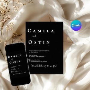 Minimalist Black Wedding Invitation Template: Modern DIY Design (Digital Download)