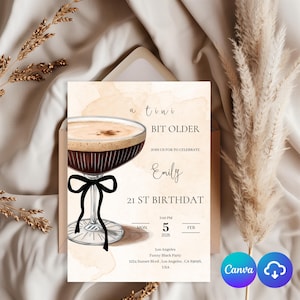 Invitación para una fiesta de cumpleaños un poco más antigua, invitación de cumpleaños con temática de martini, invitación de cumpleaños para mujeres, invitación con moño, plantilla EDITABLE, tarjeta para el 21.º cumpleaños