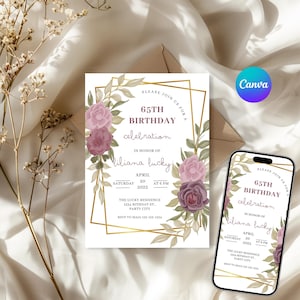 Convite floral para 75º aniversário com flores roxas e rosa | Modelo editável | Convite floral feminino para impressão | Celebração para qualquer idade