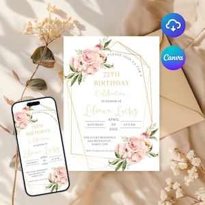 75ème anniversaire floral rose de Zazzle.be Liste d'envies Vous avez des idées ? Modèle modifiable | Invitation d'anniversaire florale imprimable pour femme | Fête des 75 ans pour tous les âges