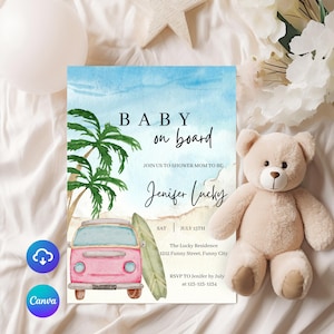 Surf Beach Baby Shower Invitation: Editable Template (Canva)