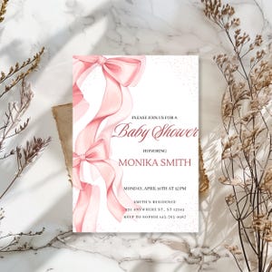 Blush Pink Bow Baby Shower Invitation Editable Elegant Watercolor Coquette Bow Invitation Baby Girl Shower Canva Template Instant Download