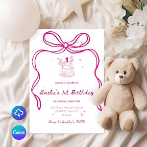 Bow 1st Birthday Invitation Template  Editable Coquette Pink Girly Bow First Birthday Party Invite 5x7  invite pink birthday
