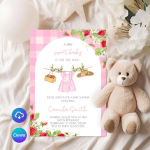 Berry Sweet Baby Shower Invitation, Strawberry Baby Shower Invite, Printed or Instant Editable Template, party berry shower, pink shower