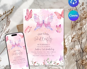 Purple Butterfly Birthday Invitation Template (Canva Editable)