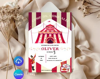 Bewerkbare sjabloon verjaardagsuitnodiging circus (CANVA)